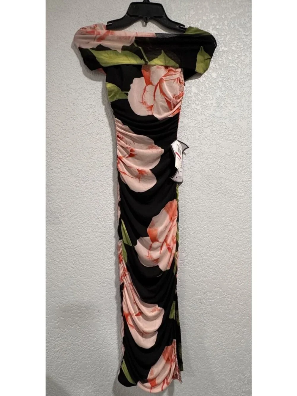 Floral Off-Shoulder Midi Dress By B. Darlin - Black & Peach - Ruched Design - XS